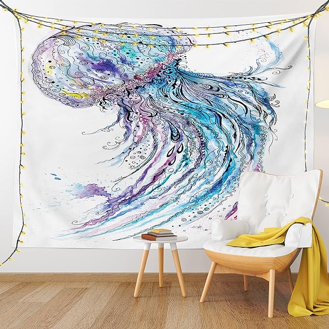 Ambesonne Jellyfish Tapestry, Aqua Colors Art Ocean Animal Print Sketch Style Creative Sea Marine Theme, Wide Wall Hanging for Bedroom Living Room Dorm, 80" X 60", Blue Purple White