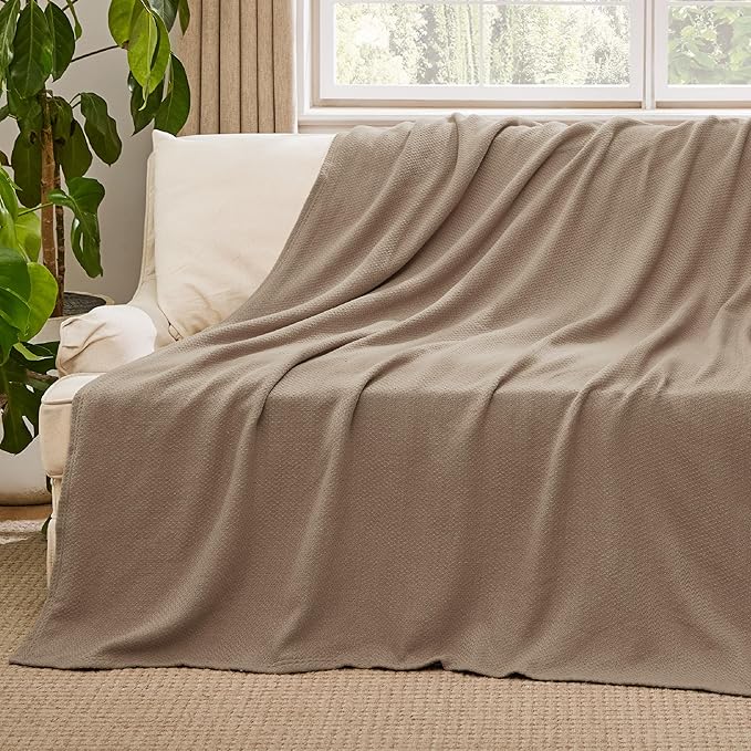 Bedsure 100% Cotton Blanket Twin XL Size for Bed - Breathable and Lightweight, Soft Cozy Textured Herringbone Woven Blanket for Summer Spring, Tan, 66x90 inches