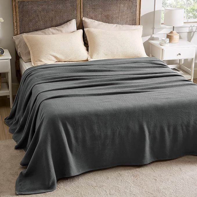 Bedsure 100% Cotton Blanket Queen Size for Bed - Breathable and Lightweight, Soft Cozy Textured Herringbone Woven Blanket for Summer, Dark Grey, 90x90 inches