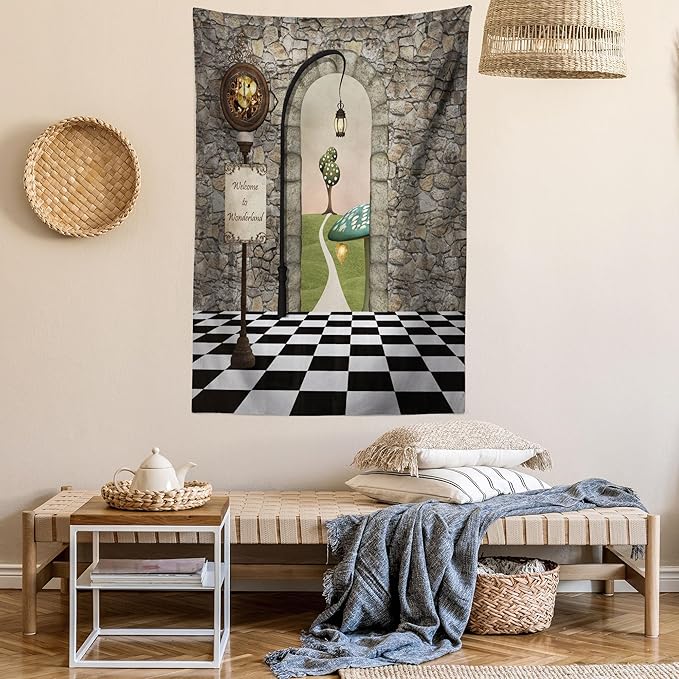 Ambesonne Alice in Wonderland Tapestry Queen Size, Welcome Wonderland Black and White Floor Landscape Mushroom Lantern, Wall Hanging Bedspread Bed Cover Wall Decor, Queen Size, Stone Black