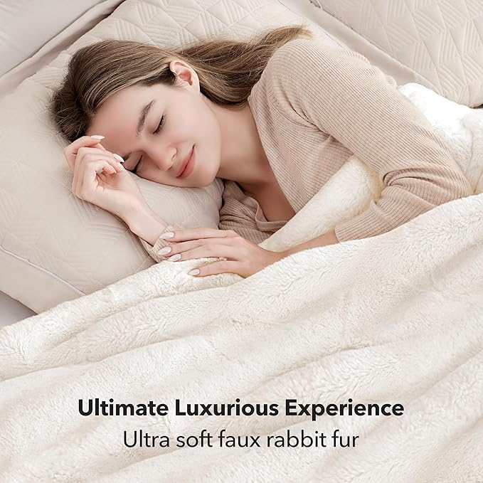 Touchat Luxury Faux Rabbit Fur Throw Blanket for Couch,Super Heavy Warm Cozy Fuzzy Blanket for Sofa Bedroom Living Room,Ultra Soft Fluffy Reversible Plush Blanket for Home Decor Gifts,Cream White