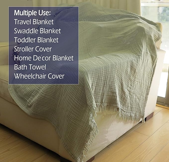 100% Cotton Blankets King 90" x104“ Muslin Throw Blanket for Adult, Bed, Couch, Pre-Washed, Breathable Lightweight Gauze Soft Blanket w/Fringe, All Season, (Sage Green)