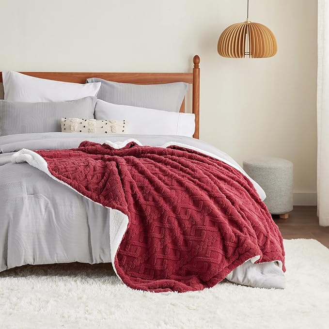 Bedsure Sherpa Fleece Blanket Twin Size for Bed - Fuzzy Soft Cozy Cable Throw for Couch, Thick Warm Blankets for Winter, Red, 60x80 Inches
