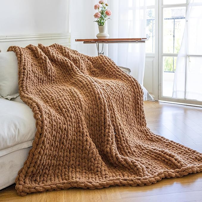 Chunky Knit Blanket - Luxury Soft Cozy Queen Size(50 * 60) Throw Blanket,100% Woven Blanket Rope Knot Throw Blanket for Couch, Sofa, Home Decor, Gift - Machine Washable(Brown)