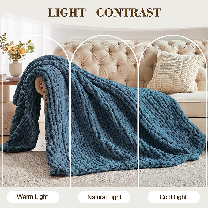 Carriediosa Chunky Knit Throw Blanket 60" X 80" Twin, 100% Hand Made Large Chenille Loop Yarn Soft Fluffy Throws for Couch Sofa Bed, Big Crochet Cozy Heavy Thick Cable Woven Blankets, Lyons Blue