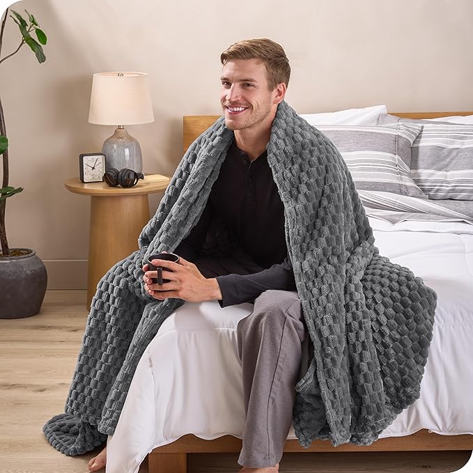 Bare Home Textured Fleece Microplush Blanket - Throw Travel Size - Lightweight Blanket for Bed, Sofa, Couch, Camping, and Gifts - Ultra Soft Warm (Throw/Travel, Waffle Grey)