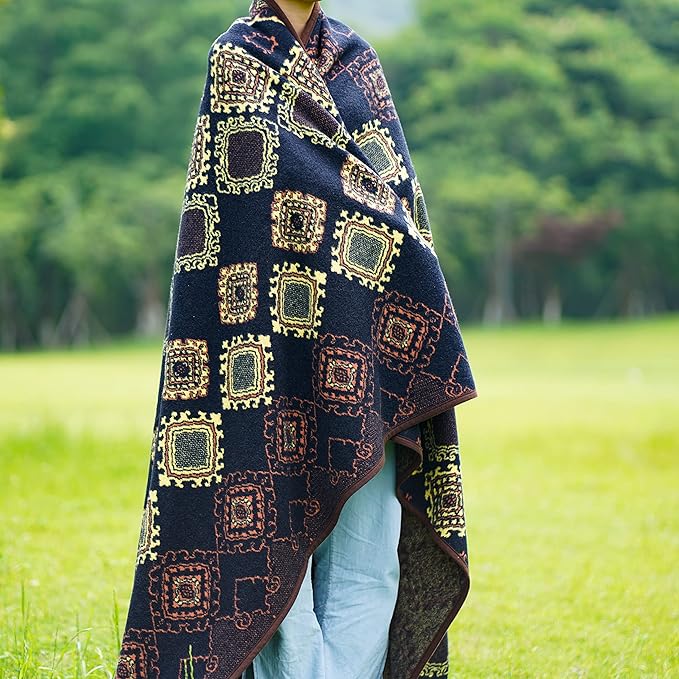 ACUSHLA Merino Wool Blanket - Warm Thick Washable Large Bed Couch Outdoor Camping Throw Blanket All Seasons, Scandinavia-Blue 79X63