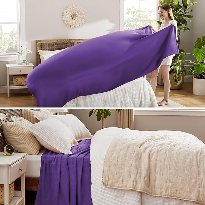 Bedsure 100% Cotton Blanket King Size for Bed - Breathable and Lightweight, Soft Cozy Textured Herringbone Woven Blanket for Summer Spring, Purple, 108x90 inches