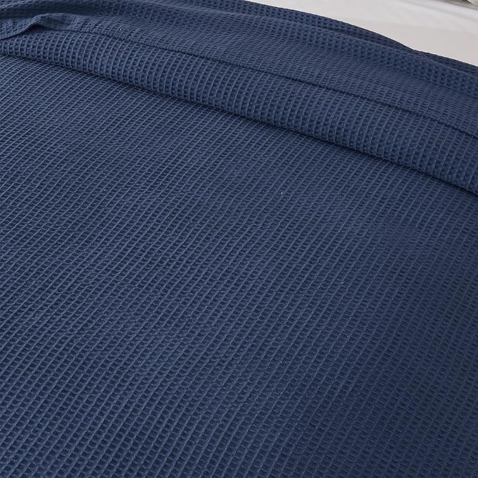 100% Cotton Queen Size Blue Waffle Weave Summer Blanket - 90x90in Prewashed Breathable, Woven, Layering Blanket