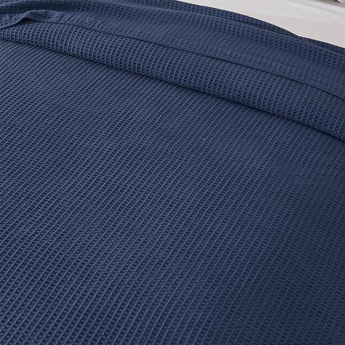100% Cotton King Size Bed Blanket - Blue Waffle Weave Lightweight Summer Layering Blanket - 102x90in Prewashed Breathable, Woven