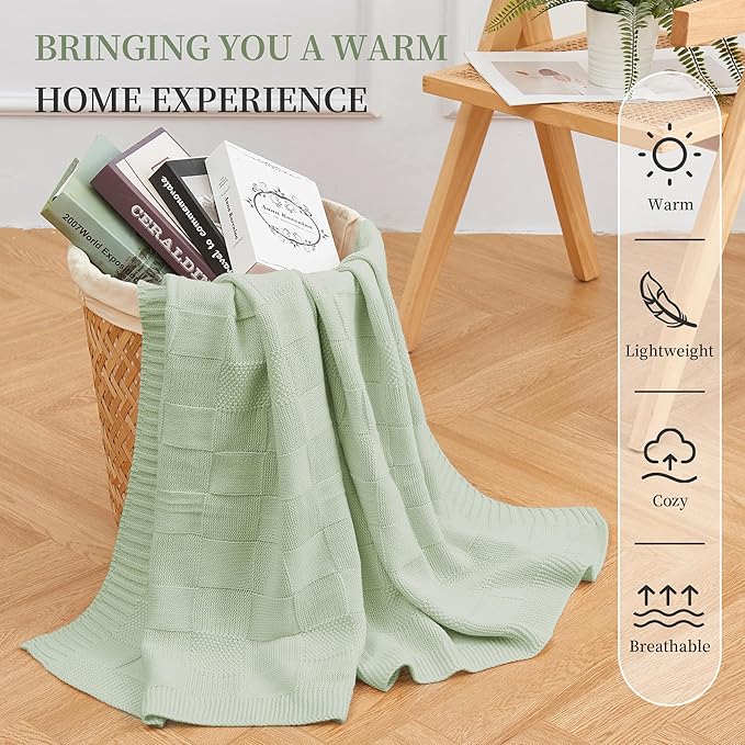 Aganear Throw Blanket for Couch - Warm Chunky Knit Blanket for Bed Checkered Throw Blanket for Women, Cozy Blanket Knitted Throw Blanket for All Season Use Ideal Gift Choice (50"x60", Sage Green)