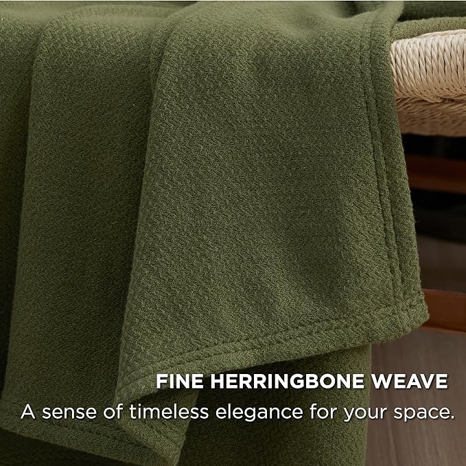 Bedsure 100% Cotton Large Throw Blanket for Couch 50x70 inches - Breathable and Lightweight, Soft Cozy Herringbone Woven Blanket for Summer Spring, Olive Green