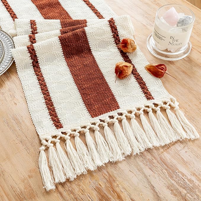 Fancy Homi Rust Table Runner 108 Inches Long Boho Macrame Table Runner for Home Decor, Terracotta Farmhouse Table Runners with Tassels for Party Rustic Bridal Shower Dining Decor 12x108 Inches