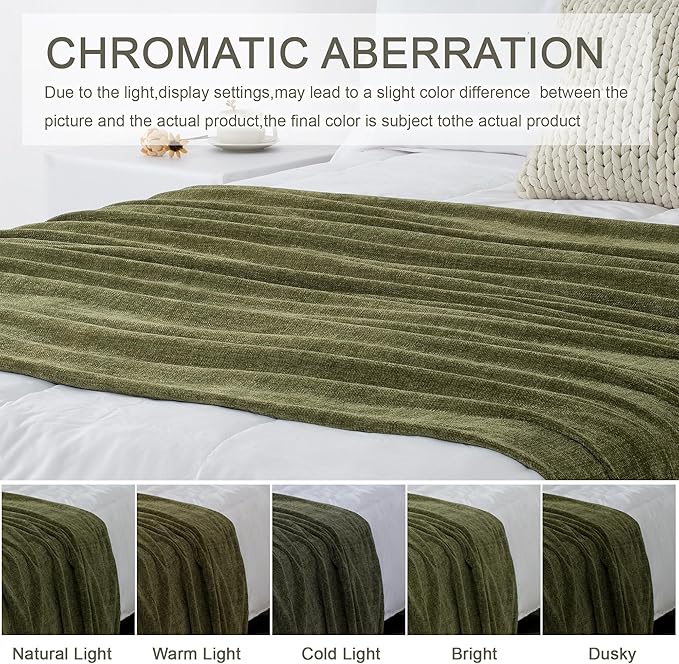 Chenille Throw Blanket for Couch 60"X 80" Twin, Soft Cozy Throws with Fringe Tassel for Bed Sofa Chair Cover, Lightweight Knitted Decorative Boho Blankets for Living Room, Olive Green