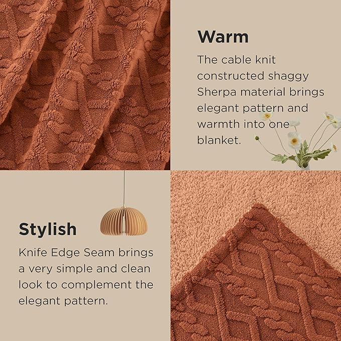 Bedsure Sherpa Fleece Blanket Twin Size for Bed - Fuzzy Soft Cozy Cable Throw for Couch, Thick Warm Blankets for Winter, Orange, 60x80 Inches