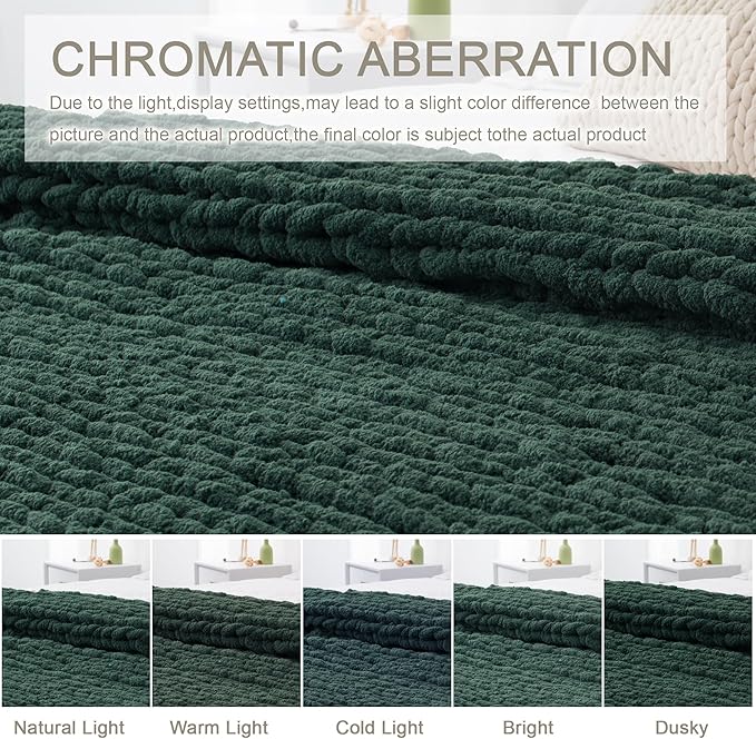 Chunky Knit Throw Blanket 60"X 80", 100% Handmade with Soft Chenille Yarn, 4.4lbs Thick Cable Knitted Blankets, Large Rope Knot Crochet Throws for Couch Sofa Bed Home Decor, Dark Green