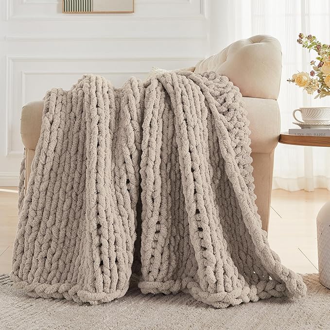Carriediosa Chunky Knit Throw Blanket 60" X 80" Twin, 100% Hand Made Large Chenille Loop Yarn Soft Fluffy Throws for Couch Sofa Bed, Big Crochet Cozy Heavy Thick Cable Woven Blankets, Taupe