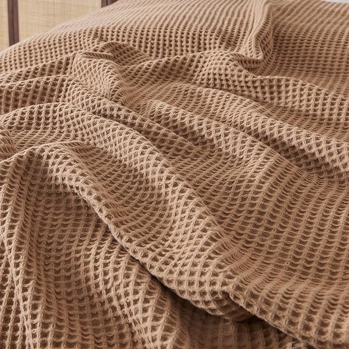100% Cotton Waffle Weave Throw Blanket - Taupe Waffle Weave Lightweight Summer Throw Blanket - 50x60in Prewashed Breathable, Woven Throw for Couch, Bed or Office (Toffee)