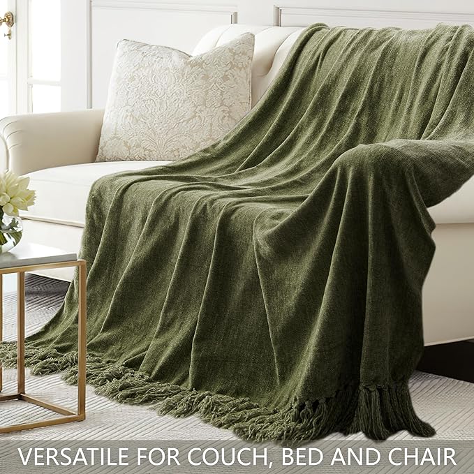 Chenille Throw Blanket for Couch 60"X 80" Twin, Soft Cozy Throws with Fringe Tassel for Bed Sofa Chair Cover, Lightweight Knitted Decorative Boho Blankets for Living Room, Olive Green