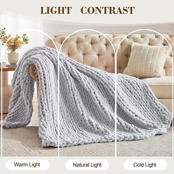 Carriediosa Chunky Knit Throw Blanket 50" X 60", 100% Hand Made Large Chenille Loop Yarn Soft Fluffy Throws for Couch Sofa Bed, Big Crochet Cozy Heavy Thick Cable Woven Blankets, Light Grey
