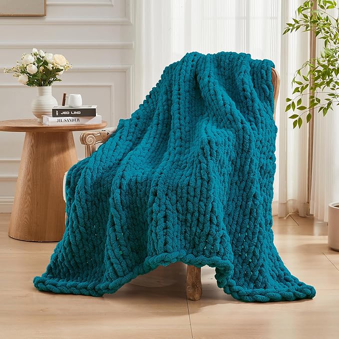Carriediosa Chunky Knit Throw Blanket 60" X 80" Twin, 100% Hand Made Large Chenille Loop Yarn Soft Fluffy Throws for Couch Sofa Bed, Big Crochet Cozy Heavy Thick Cable Woven Blankets, Teal