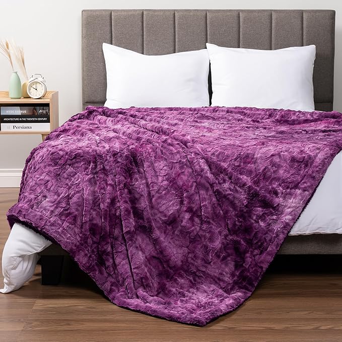 PAVILIA Faux Fur Throw Blanket Tie-Dye Purple, Soft Fuzzy Warm Sherpa Blankets & Throws for Bed, Fluffy Plush Thick Fleece Throw Blanket for Couch Sofa, Reversible Furry Shaggy Blanket, Purple 50x60