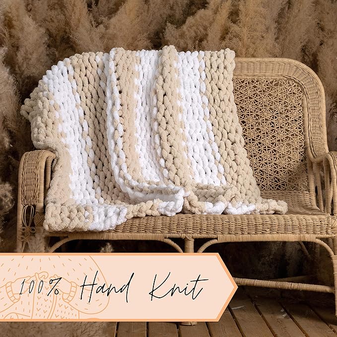 Adyrescia Chunky Knit Blanket Throw | 100% Hand Knit with Jumbo Chenille Yarn (50"x60", Oatmeal and White Stripes)