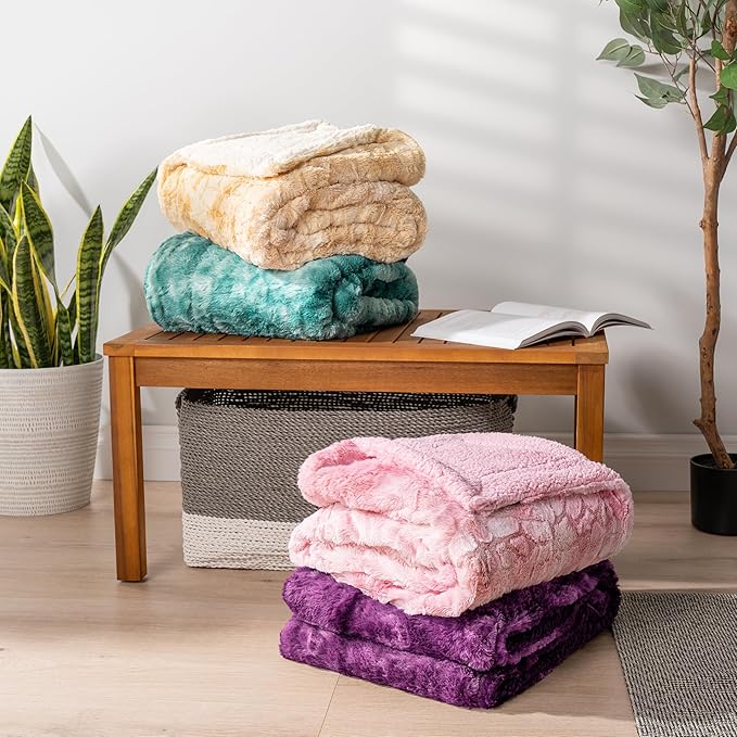 PAVILIA Faux Fur Throw Blanket Tie-Dye Purple, Soft Fuzzy Warm Sherpa Blankets & Throws for Bed, Fluffy Plush Thick Fleece Throw Blanket for Couch Sofa, Reversible Furry Shaggy Blanket, Purple 50x60