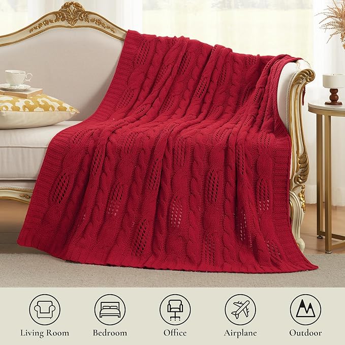 Amélie Home Chunky Knit Chenille Throw Blanket, Breathable Cable Knitted Blanket for Couch, Farmhouse Decorative Throw for Sofa Chair Bed, 50"x60", Red