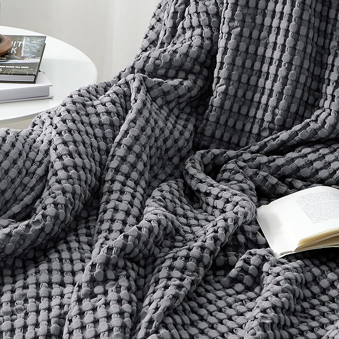 Bedsure Cooling Cotton Waffle Full Size Blanket - Lightweight Breathable Blanket of Rayon Derived from Bamboo for Hot Sleepers, Luxury Throws for Bed, Couch and Sofa, Dark Grey, 80x90 Inches