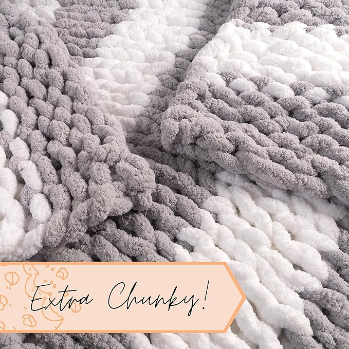 Adyrescia Chunky Knit Blanket Throw | 100% Hand Knit with Jumbo Chenille Yarn (50"x60", Gray and White Stripes)