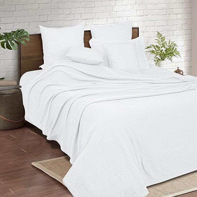 BELIZZI Home 100% Cotton Bed Blanket, Breathable Thermal Blanket Full - Queen Size, Soft Chevron Thermal Blanket 90"x90", Cotton Bed Blanket, Perfect for Layering Any Bed for All Season, White