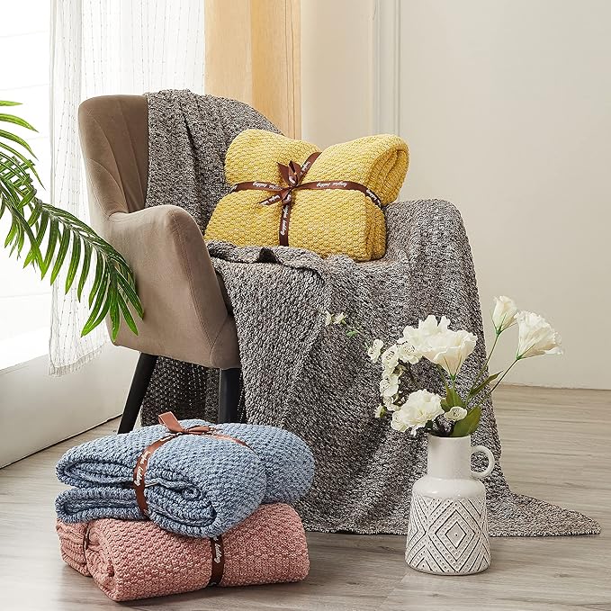 Longhui bedding Yellow Knitted Throw Blanket for Couch Sofa Bed, Soft, Cozy Machine Washable 100% Cotton Sofa Cable Knit Blankets, Large 60 x 80 Inches Oversized, Bright Yellow and White Color