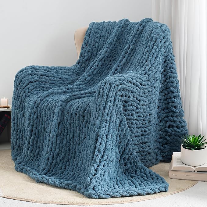 Chunky Knit Throw Blanket 50"X 60", 100% Handmade with Soft Chenille Yarn, 4.4lbs Thick Cable Knitted Blankets, Large Rope Knot Crochet Throws for Couch Sofa Bed Home Decor, Mineral Blue