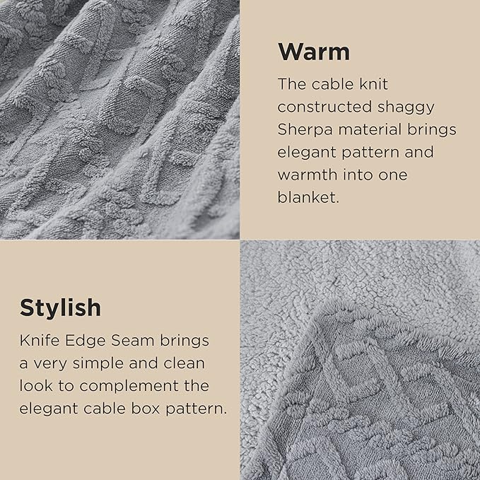 Bedsure Sherpa Fleece Throw Blanket for Couch - Fuzzy Soft Cozy Cable Throw for Women, Thick Warm Blanket for Winter, Grey, 50x60 Inches