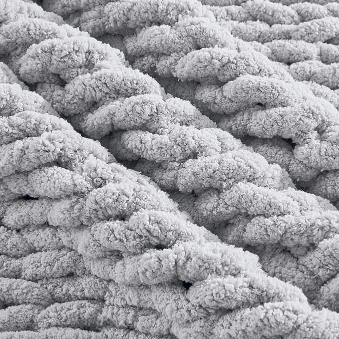 Carriediosa Chunky Knit Throw Blanket 50" X 60", 100% Hand Made Large Chenille Loop Yarn Soft Fluffy Throws for Couch Sofa Bed, Big Crochet Cozy Heavy Thick Cable Woven Blankets, Light Grey