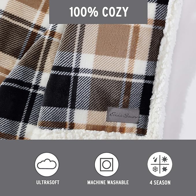 Eddie Bauer- Throw Blanket, Reversible Sherpa Fleece Bedding, Home Decor for All Seasons (Rugged Plaid Beige, Throw)