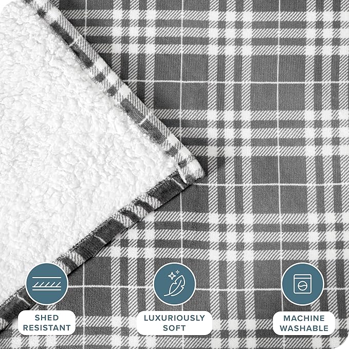Bare Home Sherpa Fleece Blanket - Twin/Twin Extra Long - Blanket for Bed, Sofa, and Couch - Warm & Lightweight - Fluffy & Soft - Reversible (Twin/Twin XL, Stirling Plaid - Grey/White)