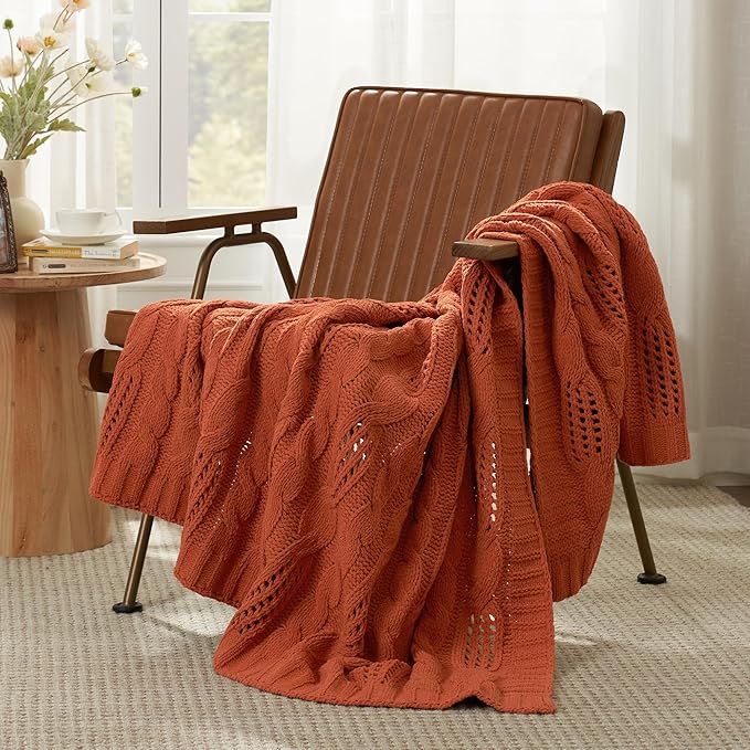 Amélie Home Chunky Knit Chenille Throw Blanket, Breathable Cable Knitted Blanket for Couch, Farmhouse Decorative Throw for Sofa Chair Bed, 50"x60", Burnt Orange