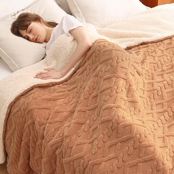 Bedsure Sherpa Fleece Blanket Twin Size for Bed - Fuzzy Soft Cozy Cable Throw for Couch, Thick Warm Blankets for Winter, Light Brown, 60x80 Inches