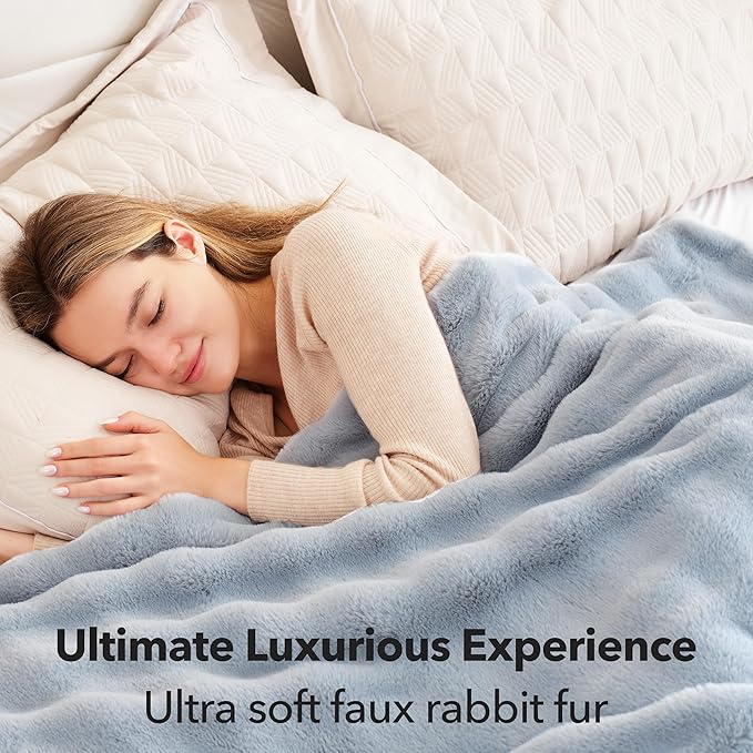 Touchat Luxury Faux Rabbit Fur Throw Blanket for Couch,Super Heavy Warm Cozy Blanket for Sofa Bedroom Living Room,Ultra Soft Fluffy Reversible Plush Blanket for Home Decor Gifts,Blue