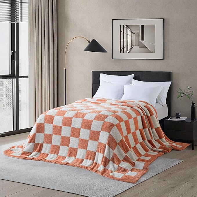 Oversized King Checkered Blanket for Couch - Super Soft Extra Large Fall Throw Blankets for Bed, Fluffy Fuzzy Plush Lightweight Cozy Blanket,120" x 120", Burnt Orange
