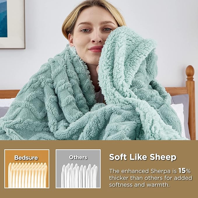 Bedsure Sherpa Queen Size Blanket for Bed - Fleece Soft Cozy Fuzzy Cable Blankets for Women, Thick Warm for Winter and All Seasons, Sage Green, 90x90 Inches