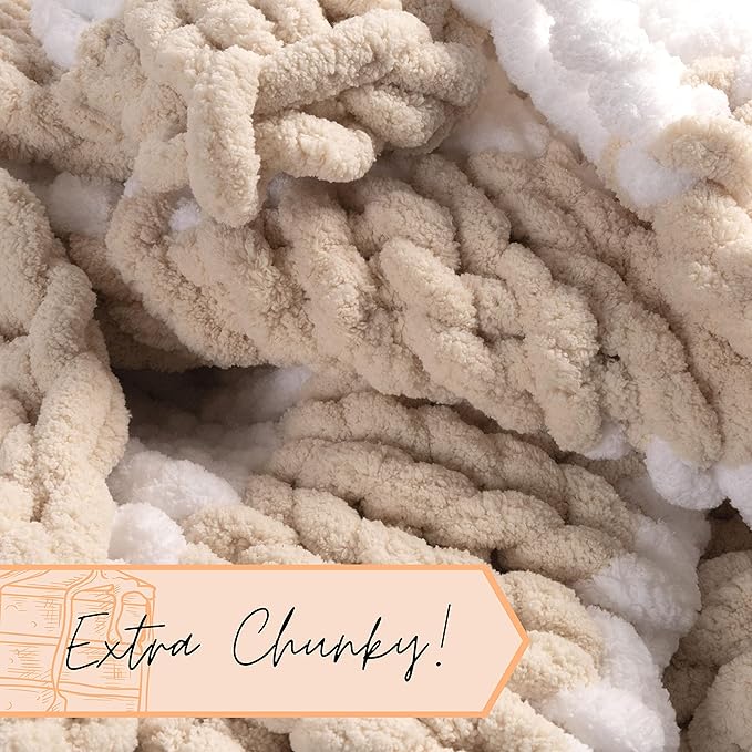 Adyrescia Chunky Knit Blanket Throw | 100% Hand Knit with Jumbo Chenille Yarn (50"x60", Oatmeal and White Stripes)