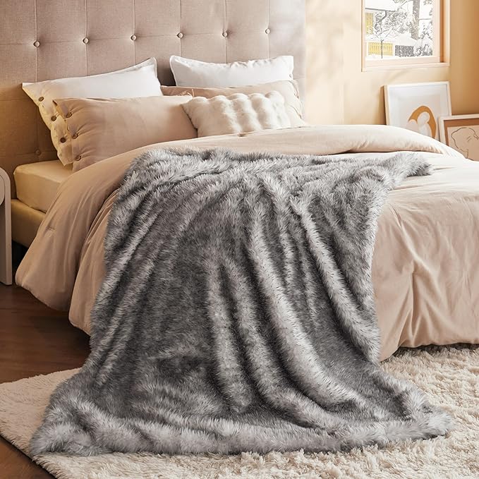 Bedsure Faux Fur Throw Blanket - Soft & Fluffy, Cozy, Fuzzy, Plush Throw Blanket for Couch, Sofa and Bed, Thick and Warm, Decor Gifts for Women, Grey, 50x70 inches