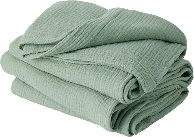 Bedsure 100% Cotton Muslin Throw Blanket Twin XL for Bed - 4-Layer Breathable and Lightweight Thin Soft Gauze Muslin Blanket for Summer, Sage Green, 66x90 Inches