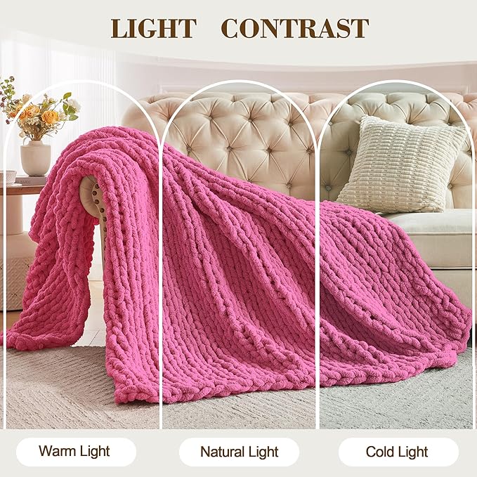 Carriediosa Chunky Knit Throw Blanket 50" X 60", 100% Hand Made Large Chenille Loop Yarn Soft Fluffy Throws for Couch Sofa Bed, Big Crochet Cozy Heavy Thick Cable Woven Blankets, Hot Pink