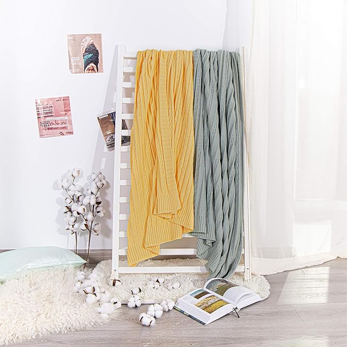NTBAY 100% Pure Cotton Cable Knit Throw Blanket, Super Soft Warm 51x67 Knitted Throw Blanket for Couch, Sofa, Chair, Bed - Extra Cozy, Machine Washable, Comfortable Home Decor, Yellow