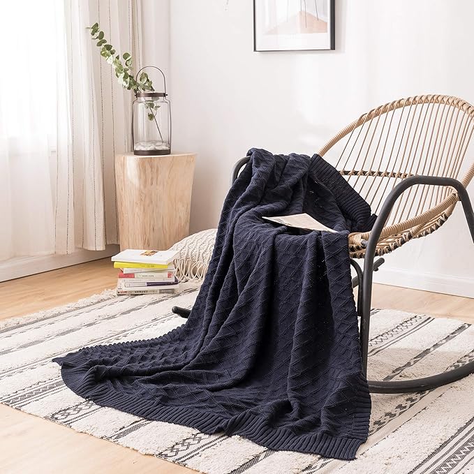 100% Cotton Navy Blue Cable Knit Throw Blanket with Bonus Laundering Bag - Large Thick, 2.5 Pounds,Extra Cozy, Machine Washable, Comfortable Home Decor (Navy X pattern, 50"x60")