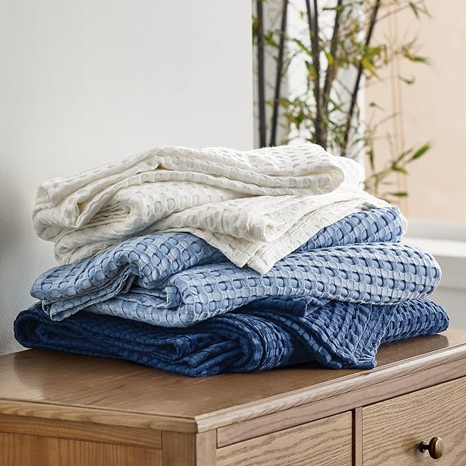 Bedsure Cooling Cotton Waffle Weave Throw Blanket - Lightweight Breathable Blanket of Rayon Derived from Bamboo for Hot Sleepers, Luxury Throws for Bed, Couch and Sofa, Blue, 50x70 Inches